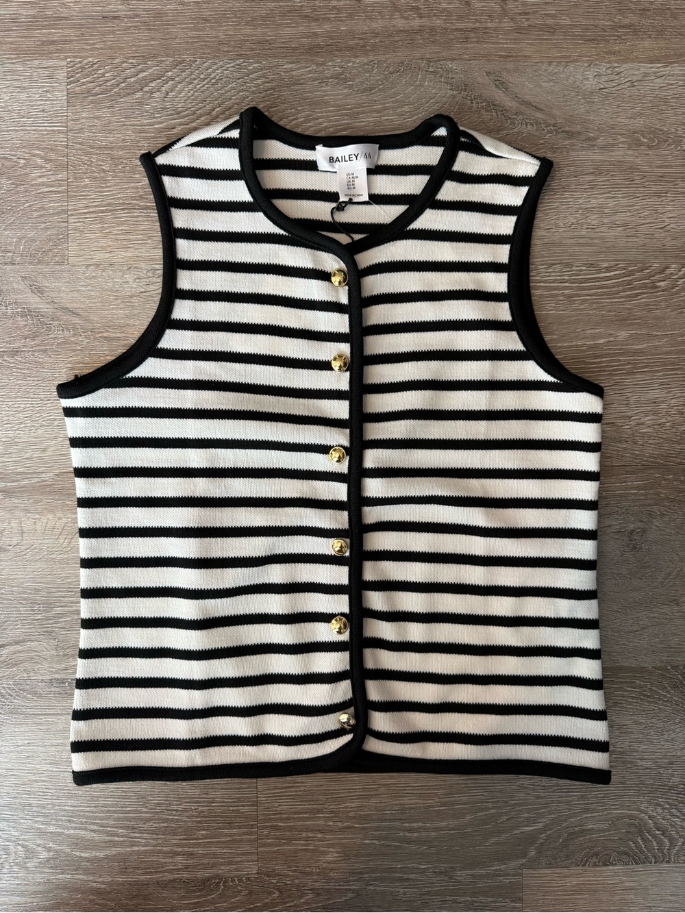 Bailey 44 Black & White Striped Knit Button Vest with Gold Buttons